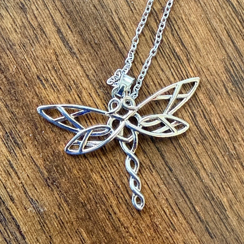 Two-Tone Dragonfly Heart Pendant Necklace — Silver - Picture 4 of 5